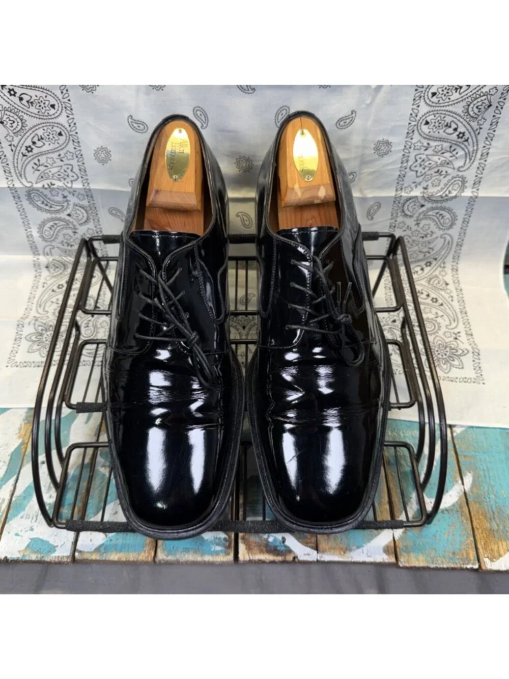 Johnston & Murphy Black Oxford Pat Leather Square Toe 15-1501Men 11.5 ITALY MADE